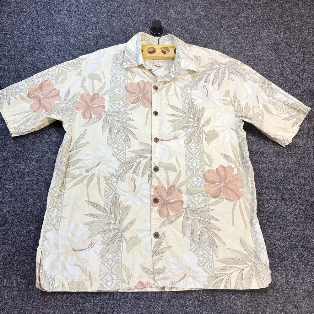 Pau Hana Hawaiian Shirt Sz M Floral Beige Green Made in Hawaii USA‎
